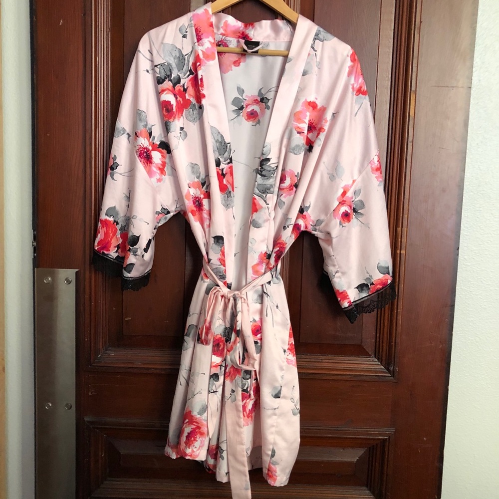 Floral Silk Robe with Lace Sleeves